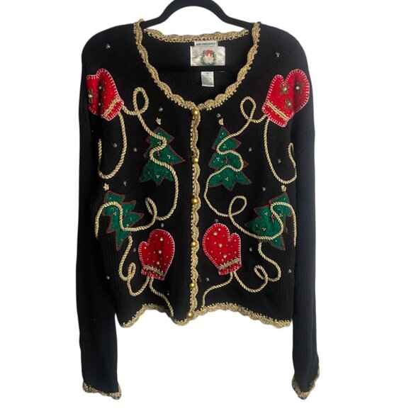 Vintage Christopher & Banks Med Christmas Tree Cardigan Ugly Sweater Embroidered - Picture 1 of 6